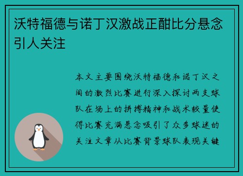 沃特福德与诺丁汉激战正酣比分悬念引人关注